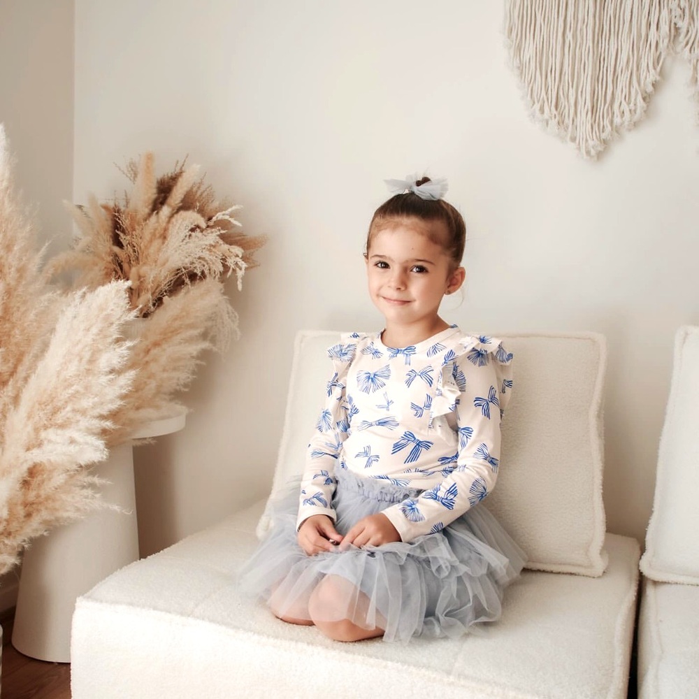 Milkberry Floral Dress with Blue Tulle Skirt tutu socks baby girl